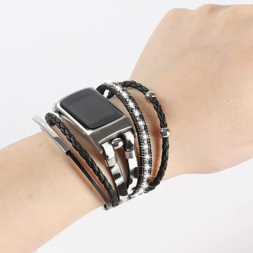 Vista 4 de Leather Bands Compatible with Fitbit Charge 6/Charge 5 Bands for Women, Boho Handmade Multilayer Wrap Bracelets Jewelry Strap Replacement for Charge