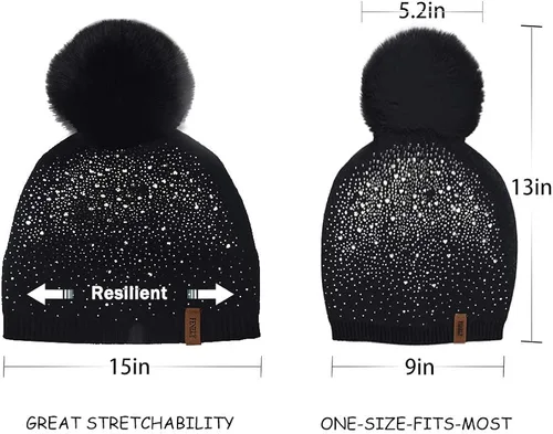 Vista 4 de Gorro de invierno para mujer con pompón de piel sintética cálido suave con diamantes de imitación para mujer