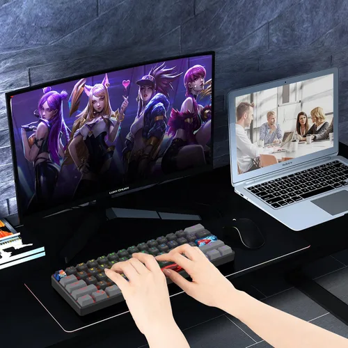 Vista 7 de Owpkeenthy Teclado mecánico con cable 60% para juegos con interruptor azul, teclado RGB ultra compacto, teclas retroiluminadas, teclas N-Key