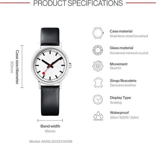 Vista 3 de Mondaine Reloj negro de cuarzo suizo con pantalla analógica A658.30323.16OM SBB para mujer, Blanco
