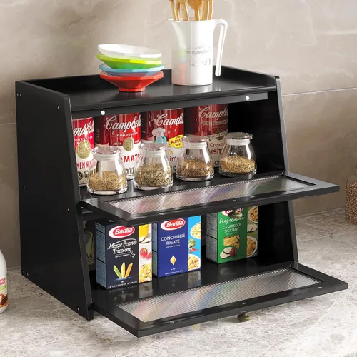 Vista 4 de Panera de bambú grande de doble capa para encimera de cocina, contenedor de almacenamiento de pan de gran capacidad de madera con soporte para pan