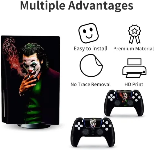 Vista 2 de PS5 Skin - Disc Edition Game Console and Controller Accessories Cover Skins PS5 Controller Skin Gift PS5 Skins for Console Full Set Black Joker