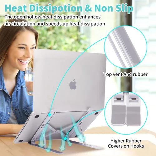 Vista 9 de Soporte para laptop de escritorio, soporte de aluminio para MacBook, elevador de computadora para escritorio, soporte portátil plegable ajustable