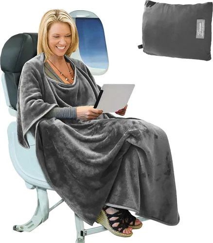 Vista 10 de Tirrinia Manta de viaje para avión, oficina, Poncho 4 en 1, manta portátil de forro polar acogedora de primera calidad con bolsa incorporada