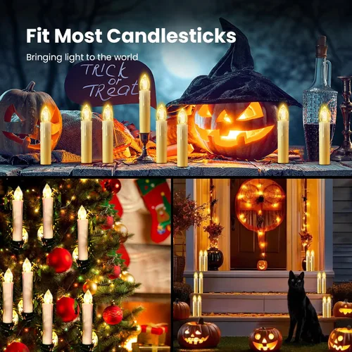 Vista 6 de JOSU Velas sin llama, 12 luces LED parpadeantes, funciona con pilas, con temporizador y clips remotos, velas cónicas de ventana blanca cálida