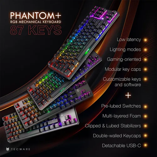 Vista 2 de TECWARE Phantom+ Teclado mecánico para juegos de 87 teclas, LED RGB, teclado TKL 75%, sonido Thocky, interruptor rojo Wraith