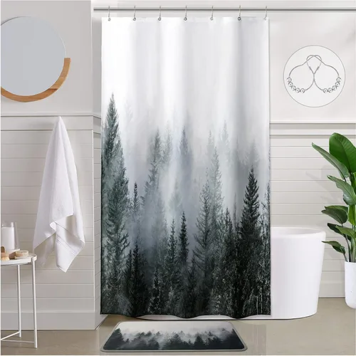 Vista 25 de ORTIGIA 36x72 Cortina de ducha de bosque nebuloso para baño pequeño, cortina de ducha estrecha de naturaleza y bosque en blanco y negro con ganchos