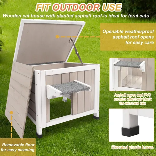 Vista 5 de Casa aislada para gatos al aire libre, aislada en invierno y termostática, casa para gatos al aire libre, madera maciza resistente a la intemperie
