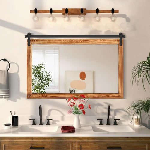 Vista 50 de COGOOD Espejo de puerta de granero de granja, 25 x 18 pulgadas, espejo decrativo con marco de madera rústica para baño, sala de estar, decoración
