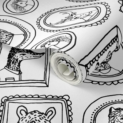 Vista 2 de Spoonflower Papel tapiz para despegar y pegar, marco de retrato de animales caprichoso, bosque, negro, blanco, cuarto de niños, papel tapiz