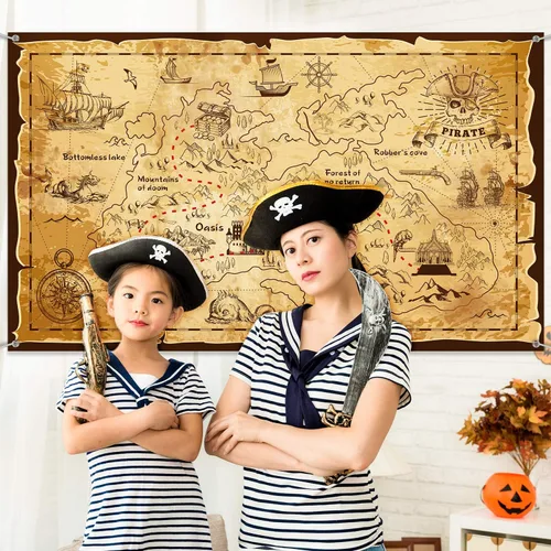 Vista 4 de Blulu Decoraciones de fiesta pirata, mapa del tesoro de Halloween, tema pirata, telón de fondo, joyería, mapa, pancarta, fotografía para Halloween
