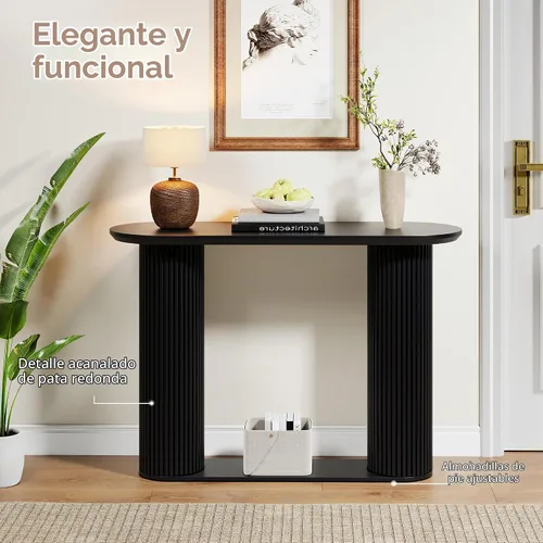 Vista 4 de Mesa Consola Acanalada, Mesa de Entrada Estilo Granja con Almacenamiento y Patas de Madera Acanalada, Mesa de Sofá Estrecha, Mesa de Entrada Pequeña