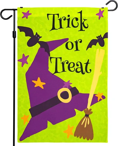 Vista 14 de G128 - Bandera de jardín de Halloween, cita de truco o trato con bonito búho, decoraciones de jardín y patio, bandera rústica de temporada para 12 x