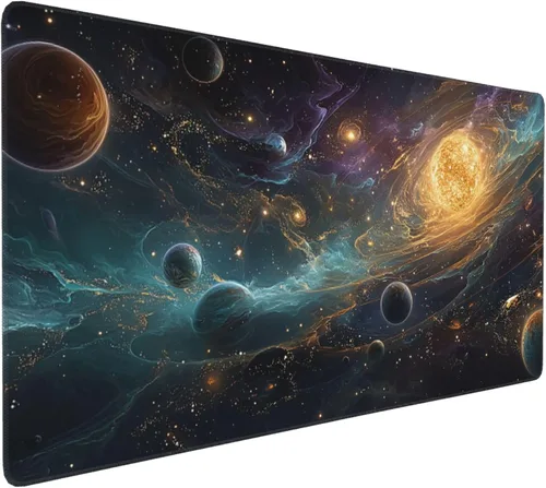 Vista 21 de Alfombrilla extendida para mouse, diseño de paisaje de pintura de tinta china, 35.4x15.7 pulgadas, tapete para teclado de juegos con bordes cosidos