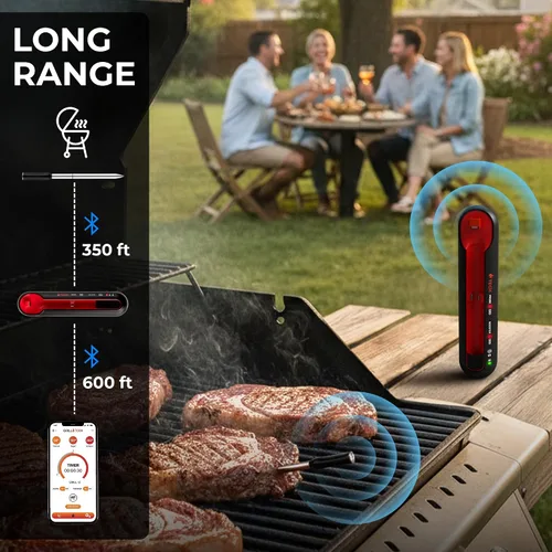 Vista 7 de Grill Tech - Termómetro inalámbrico inteligente Bluetooth para carne para asar y ahumar, precisión de precisión, rango de 950 pies, funda recargable