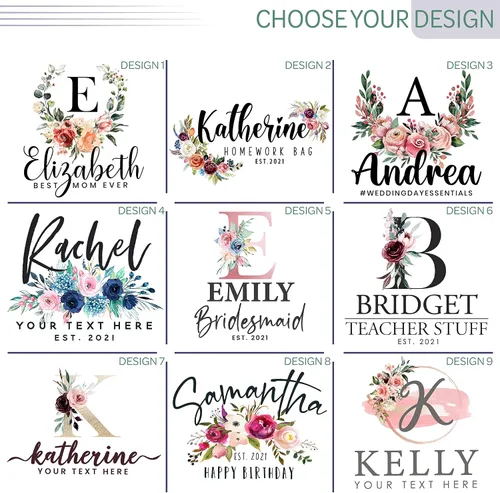 Vista 2 de Bolsas de mano florales personalizadas de regalo para mujeres con nombre y fecha de texto, bolsa personalizada para playa, boda, viajes, trabajo