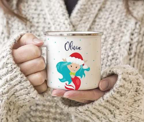 Vista 3 de Andaz Press Taza de café de acero inoxidable con nombre personalizado de 11 onzas para niños, diseño de sirena festiva, 1 paquete, taza de Navidad