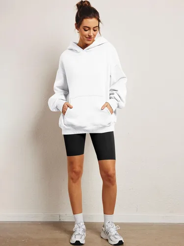 Vista 6 de Trendy Queen Sudaderas de gran tamaño con capucha de forro polar para mujer, camisas de manga larga, ropa de otoño con bolsillo