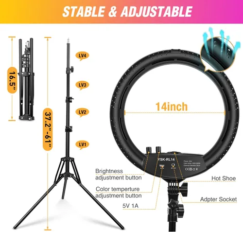 Vista 2 de Anillo de luz con soporte de trípode, kit de anillo de luz LED de 14 pulgadas Yesker con soporte para teléfono, temperatura de color ajustable