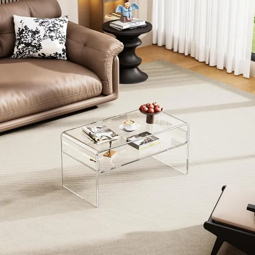 Vista 7 de Mesa de café acrílica para sala de estar con estante de almacenamiento abierto, mesa rectangular transparente de Lucite (1, Transparente, Normal)