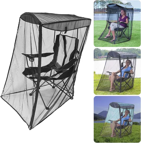 Vista 4 de Silla de pesca para acampar con toldo de red transpirable y soporte para tazas, silla plegable para exteriores, protección solar