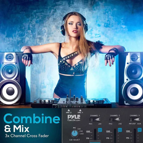 Vista 6 de Mezclador de audio inalámbrico Pyle DJ - Controlador DJ compatible con Bluetooth de 3 canales, mezclador de sonido, micrófono con función