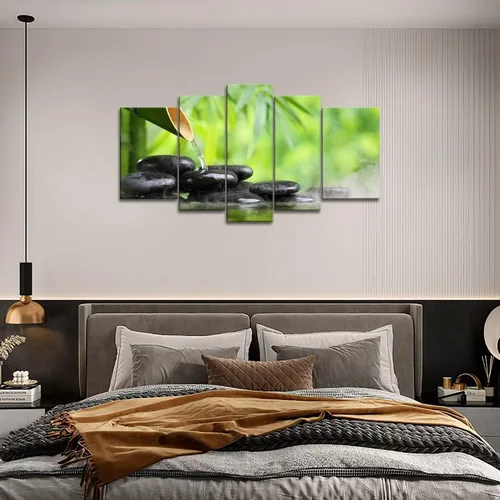 Vista 4 de Arte de pared Zen de 5 paneles verde spa bodegón con pintura de bambú la imagen impresión en lienzo imágenes botánicas para decoración del hogar