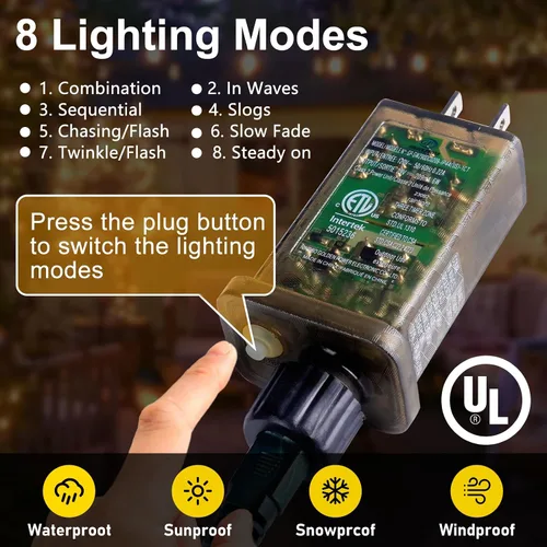 Vista 6 de KNONEW Guirnalda de luces de Navidad para exteriores de 100 pies, 300 luces LED para exteriores, impermeable, 8 modos, decoración para bodas Blanco