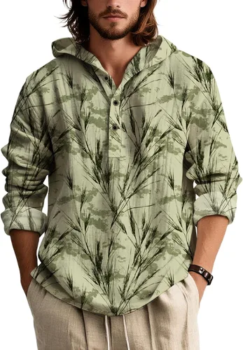 Vista 12 de Sudadera con capucha con estampado bohemio para hombre, de otoño, a la moda, con un cuarto de botón, manga larga, holgada, con capucha, de gran