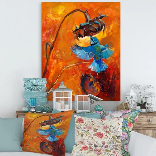 Vista 2 de DesignQ Lienzo decorativo tradicional de colibrí azul sobre naranja, 24.0 x 31.9 in