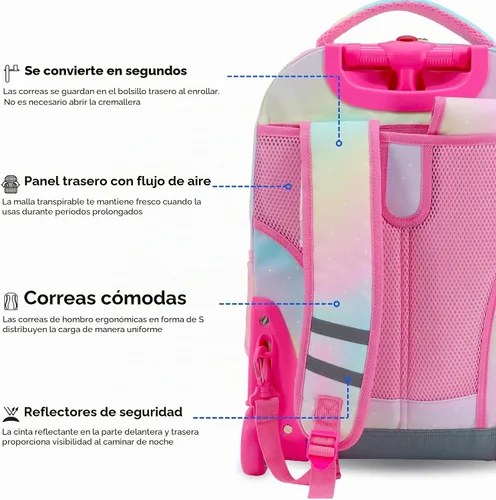 Vista 6 de J World Sunrise Kids - Mochila con ruedas para niñas y niños. Mochila con ruedas para la escuela, Aurora, 18 pulg