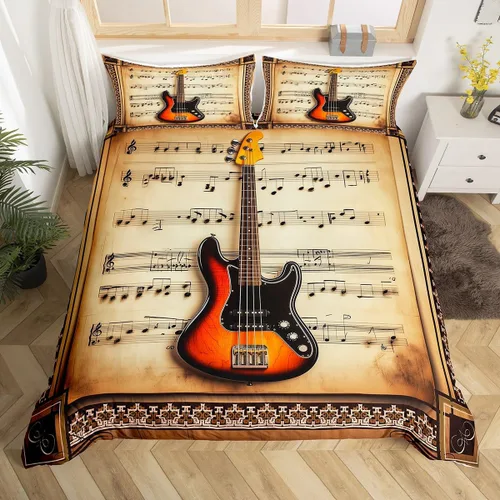 Vista 14 de Castle Fairy Juego de funda de edredón con estampado de guitarra, tamaño individual, juego de ropa de cama reversible con temática musical
