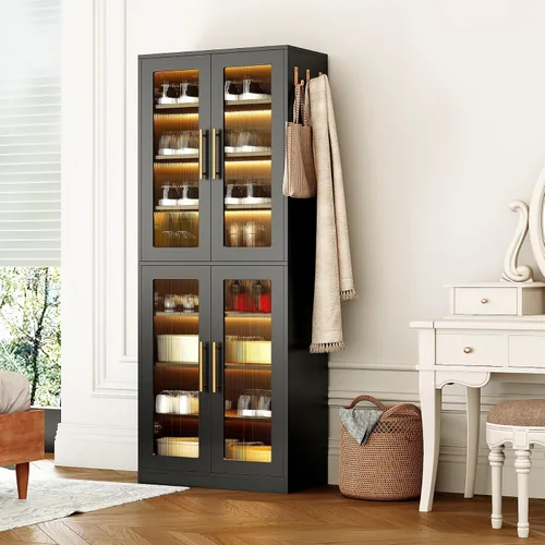 Vista 4 de LITTLE TREE Elegante zapatero vertical de 8 niveles con iluminación LED integrada, puertas para protección contra el polvo y prácticos ganchos Negro