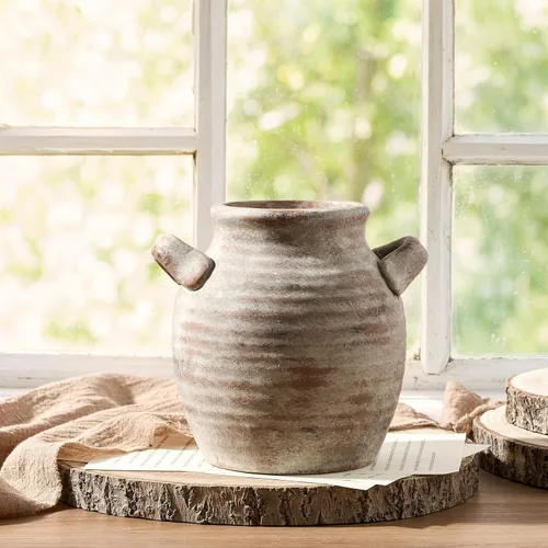 Vista 14 de Florero Grande para Decoración del Hogar - Jarrones de Mesa Rústicos de Cerámica Estilo Granja de 12 Pulgadas de Alto con Asa, Decoración de Sala