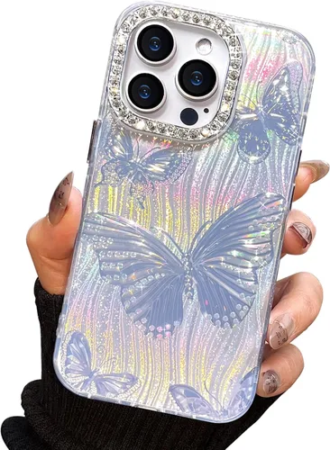 Vista 20 de I-MGAE-IN-AR Funda compacta para iPhone 11, diseño de mariposa, marco de protección de lente de cámara con diamante 3D, bonitas fundas protectoras