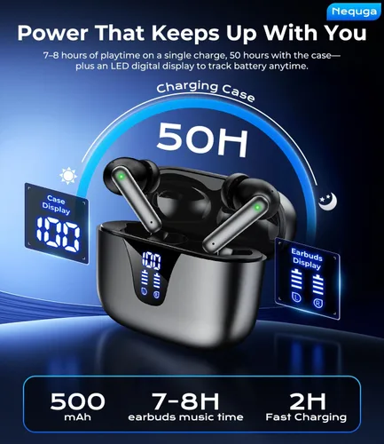 Vista 2 de Auriculares inalámbricos Bluetooth, auriculares de reproducción de 50 horas con micrófono, funda de carga con pantalla digital LED, IPX7
