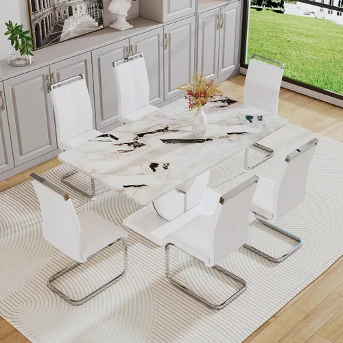 Vista 25 de JUFU Juego de mesa de comedor moderno para 4, juego de mesa de cocina rectangular de 63 pulgadas con mesa de mármol sintético y 4 sillas tapizadas