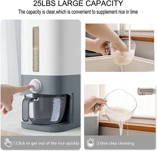 Vista 2 de J-hong Dispensador de arroz de 25 libras, contenedor de grano grande con tapa, cilindro de medición a prueba de humedad, dispensador de cereales