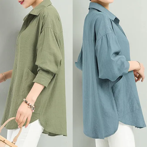 Vista 6 de Pantete Camisas con botones para mujer con bolsillos laterales grandes blusas de algodón liso de manga larga