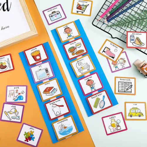 Vista 7 de 35 tarjetas visuales de horario, tarjetas de rutina, tabla de tareas en el hogar, materiales de aprendizaje para autismo, con 35 puntos de gancho