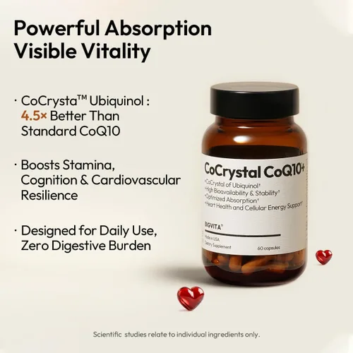 Vista 3 de BIGVITA CoCrystal CoQ10 + 120 mg de ubiquinol - Fórmula de ultra absorción con PQQ, SOD y BioPerine - Apoya la vitalidad cardíaca, energía y celular