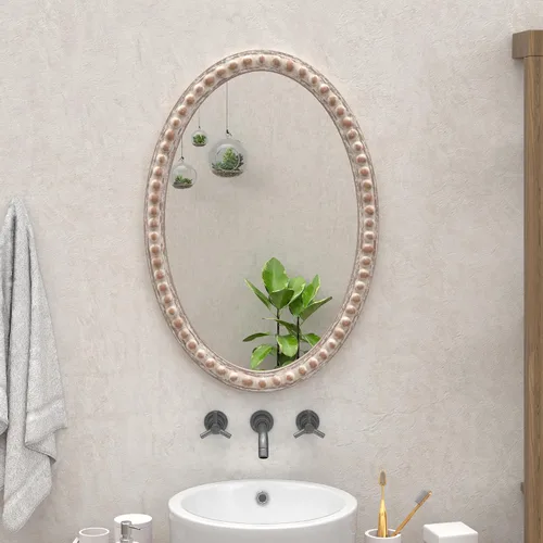 Vista 4 de COZAYH Espejo decorativo con marco de madera envejecida, espejo decorativo de pared estilo rústico (ovalado)