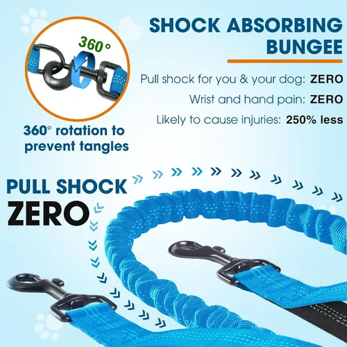 Vista 4 de Correa de perro manos libres con cinturón – Bungee sin tirones, asas acolchadas dobles y bolsa con cremallera para correr, caminar y entrenar