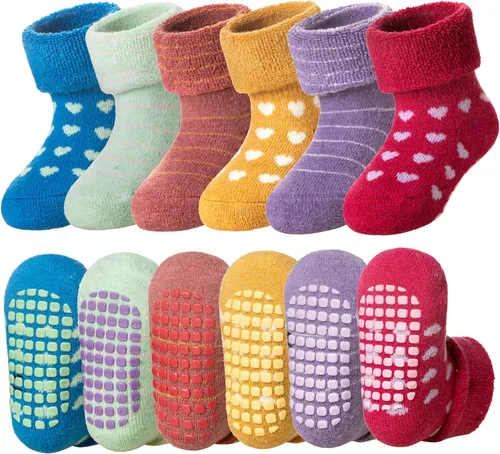 Vista 10 de DoSmart Calcetines antideslizantes para bebés, niños y niñas, cálidos, de lana gruesa, calcetines de invierno con pinzas, 6 pares