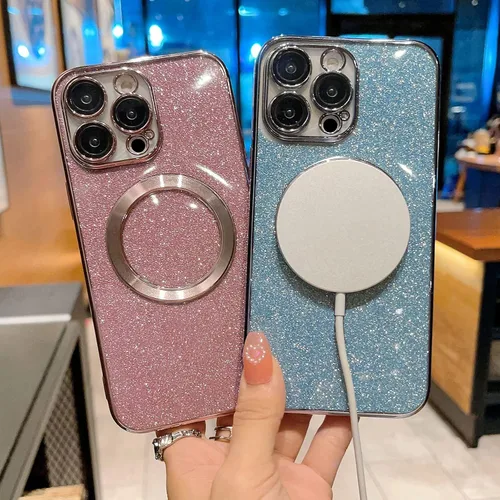 Vista 5 de aowner Funda magnética para iPhone 14 Pro Max con purpurina, chapado de lujo, bonito brillante con protector de lente de cámara, compatible