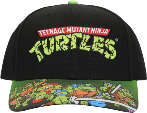 Vista 2 de TMNT Classic Retro Cartoon Characters & Logo Hombres Negro Precurve Snapback Sombrero, Negro