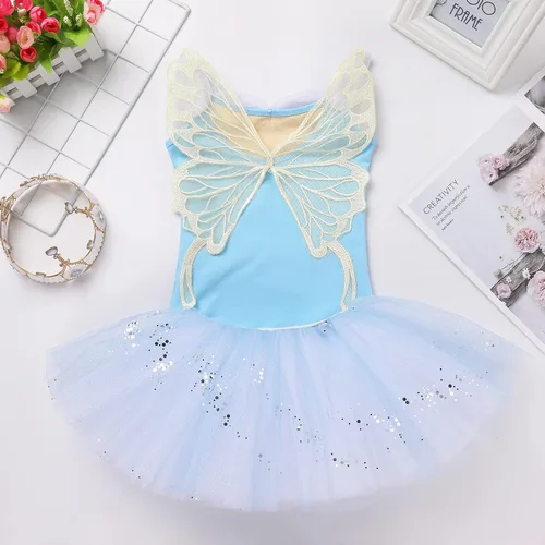 Vista 6 de IBAKOM Leotardos de ballet para niña, trajes de bailarina, vestido de baile de ballet con volantes de mariposa, falda de baile de lentejuelas