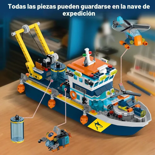 Vista 7 de HiWEEGO City Floatable Boat Building Set with LED Light - Ocean Arctic Explorer Ship Building Block Kit with Helicopter, Sub Exploration Toy
