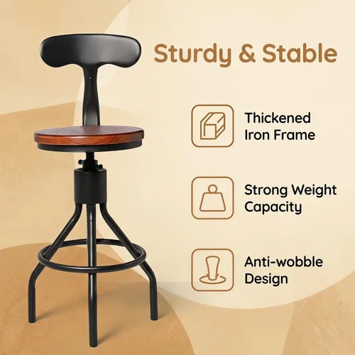 Vista 5 de Juego de 2 taburetes de bar industriales con respaldo de 23 a 33 pulgadas, asiento giratorio de madera, isla de cocina, comedor, taburete de Negro