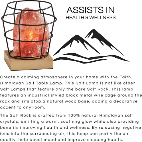 Vista 8 de Adesso SL1147-12 Faith Lámpara de mesa de sal del Himalaya, 8 pulgadas, bombilla tipo B de 7 W, metal negro/madera natural, 1 lámpara novedosa